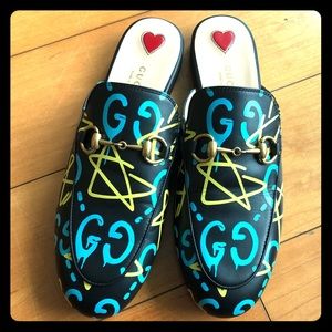 New Gucci Horsebit P Graffiti Mules/Slides